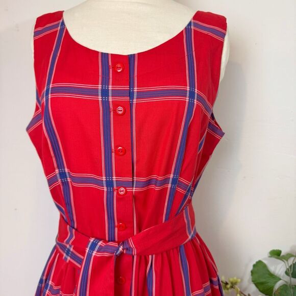 Vintage 50s Serbin Petite Red & Navy Plaid Belted Button-Front Dress | Made in U - Picture 2 of 11
